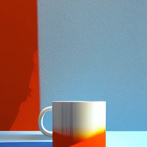 Image similar to White mug, hyperrealism, diffuse shadows, orange and blue diffuse shadows unreal engine 5 tech demo, zillow interior, cool tint, vivid colors, metallic reflective, octane render, Frank Lloyd Wright ((Studio Ghibli))