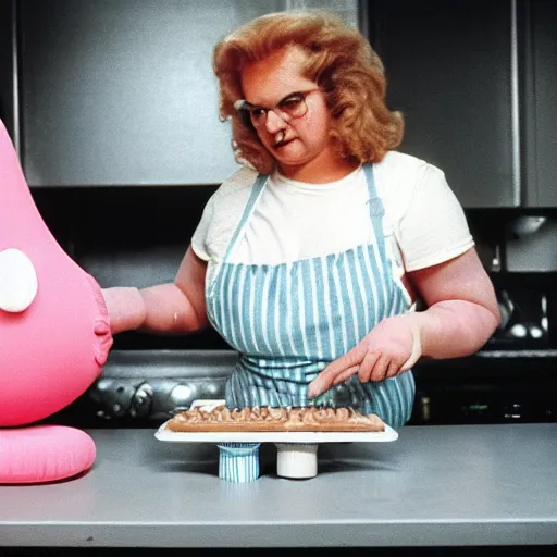 Image similar to 1985 two curvy women in a vintage kitchen baking a cake wearing an inflatable long prosthetic snout nose made of gooey pink slime, soft color wearing stripes sitting on chairs covered in soft fabric, pink slime everywhere, grey striped walls, studio lighting 1985 color film archival footage holding a hand puppet that looks like Caspar the Friendly Ghost, 16mm Russ Meyer John Waters Almodovar Doris Wishman