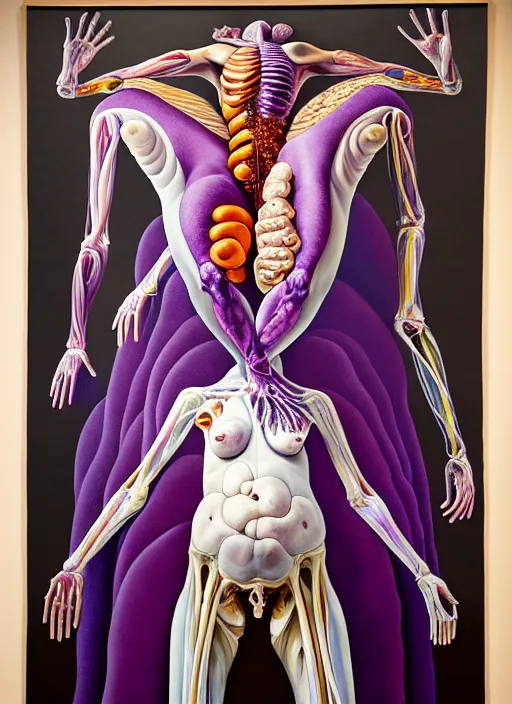 Prompt: a surreal biomorphic, painting of human figures in a dramatic pose, extra limbs, draped in purple, gold silk, highly detailed, compassionate, emotionally evoking, unreal engine, centred in image, by!!! jenny saville and charlie immer!!!, anatomy by arcimboldo and gunter von hagen