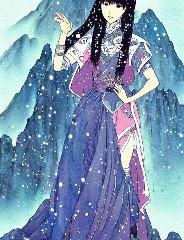 Prompt: southeast asian princess of the snowy mountains, wearing a lovely dress with cyberpunk elements. this watercolor painting by the award - winning mangaka has an interesting color scheme, plenty of details and impeccable lighting.