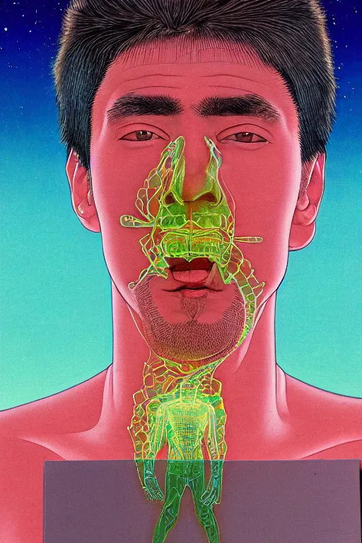 Prompt: a closeup xray portrait of a young siberian man sucking a blotter paper of lsd acid and dreaming psychedelic hallucinations in the vast icy landscape of antarctica, by kawase hasui, moebius and edward hopper, colorful flat surreal design, hd, 8 k, artstation