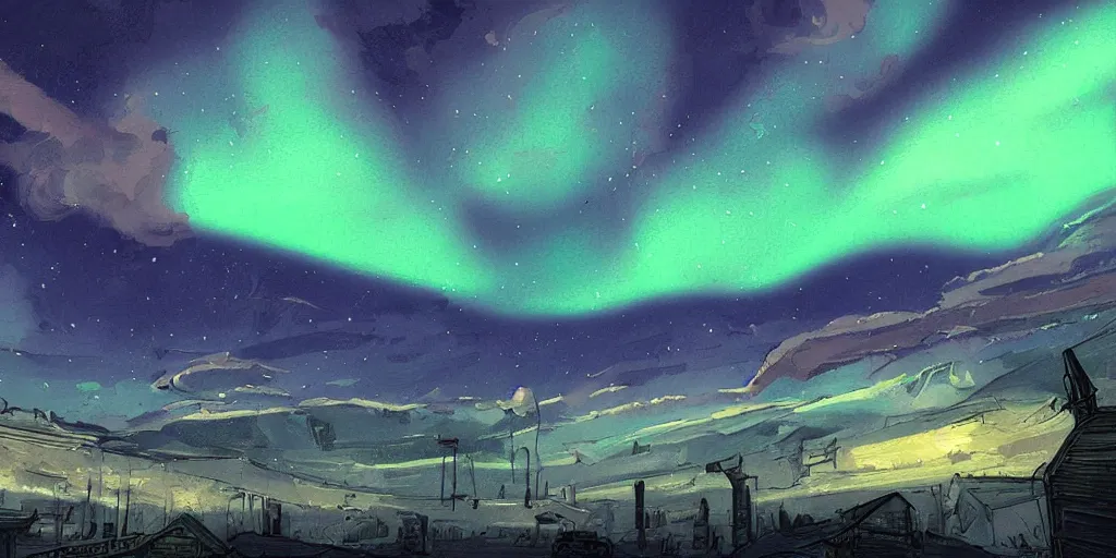 Prompt: sky with northern lights, illustration, best of artstation, steampunk style