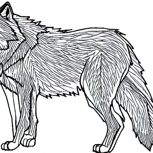 Prompt: wolf template base lineart, little detail, full-body view, simple, black and white, coloring book style, high quality, HD, 8K