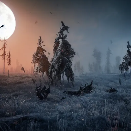 Prompt: the wild hunt, unholy spectres riding in the sky, grim reapers, bad omen, enchanted forest, blizzard storm, fog, full moon, snowy environment, in the style of the witcher series, hyperrealism, breathtaking, award winning, groundbreaking, octane render, unreal 5, intricate digital art, 8 k high resolution