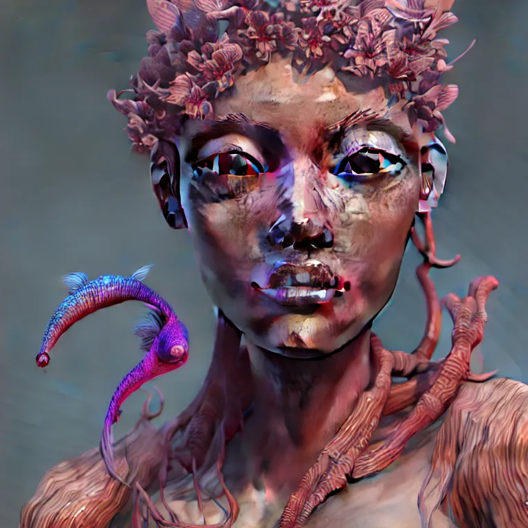 Image similar to goddess full painted acryllic sculpture close-up portrait. orchid bird betta fish, intricate artwork by Tooth Wu and wlop and beeple. octane render, trending on artstation, greg rutkowski very coherent symmetrical artwork. cinematic, hyper realism, high detail, octane render, 8k