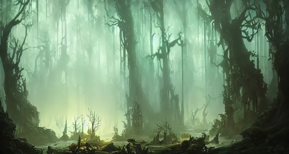 Image similar to A dense and dark enchanted forest with a swamp, by Peter Mohrbacher