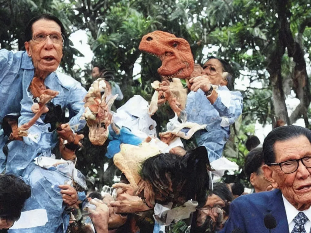 Prompt: Juan Ponce Enrile eating a dinosaur