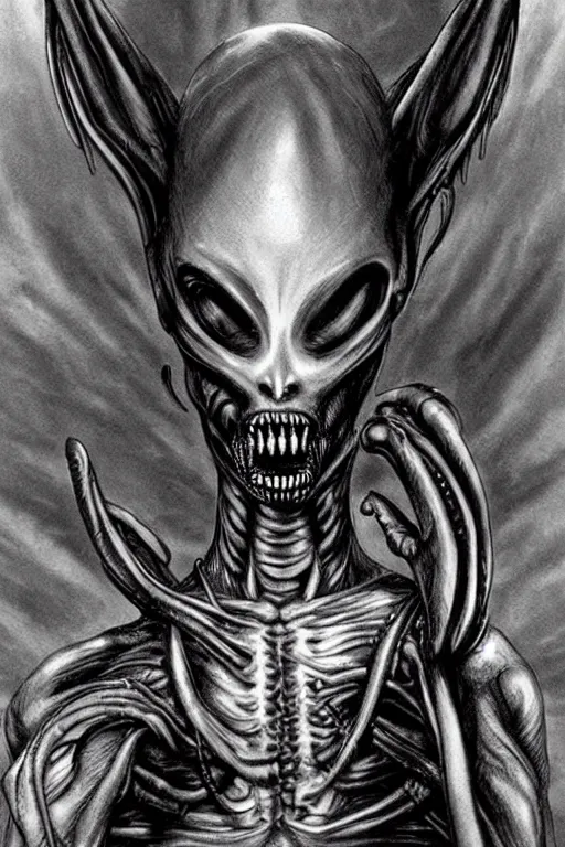 Image similar to beautiful genderless cosmic - eyed alien that is a little ominous creepy due to a few features resembling a xenomorph by hr giger.