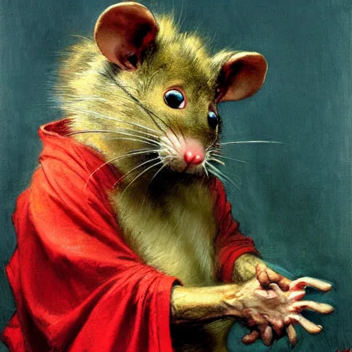 Image similar to a portrait of a furry splinter the rat wearing a red kimono, hairy, furry body, furry arms, feet, tail. highly detailed painting by gaston bussiere, craig mullins, j. c. leyendecker, furry