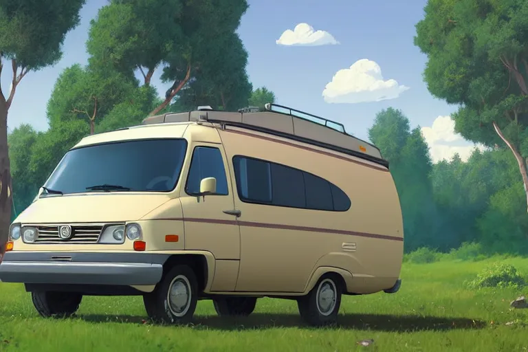 Image similar to a wholesome animation key shot of one!! focused 1 9 9 4 fiat hymer! motorhome! in the romanian! countryside, medium shot, studio ghibli, ( pixar ) and disney animation, sharp, very detailed, high resolution, rendered in unreal engine 5, anime key art by greg rutkowski, bloom, dramatic lighting