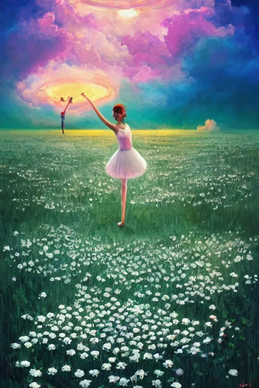 Image similar to giant white daisy flower as head, girl ballet dancing in a flower field, surreal photography, sunrise, dramatic light, impressionist painting, colorful clouds, digital painting, artstation, simon stalenhag