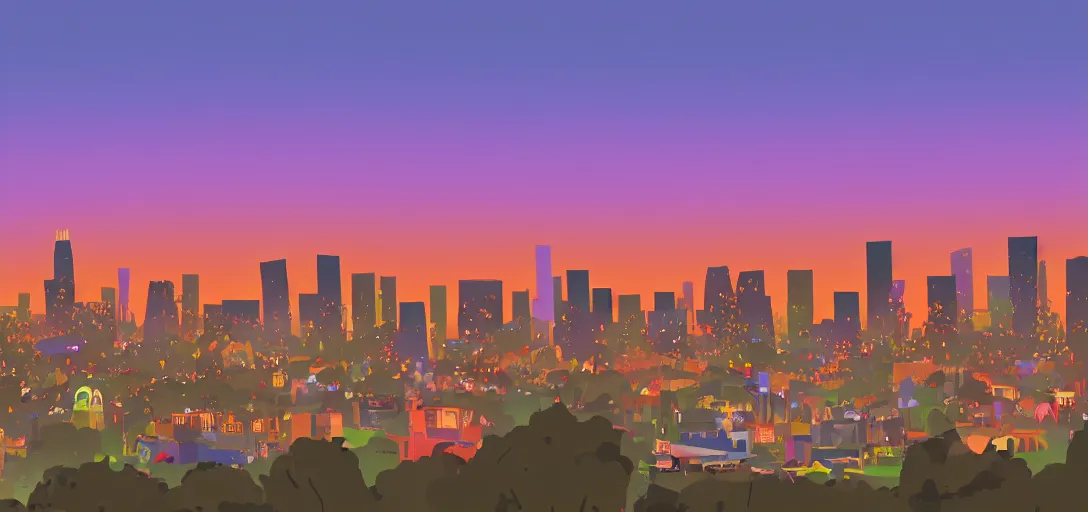 Image similar to cartoony skyline of l. a. at dusk by lou romano, pixar, disney