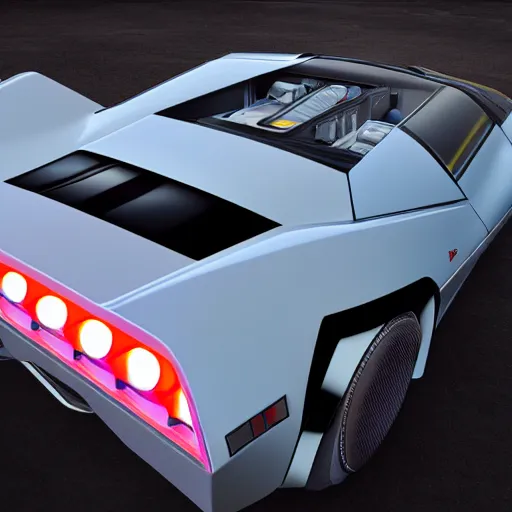 Prompt: a corvette that looks like a delorean from back to the future, highly detailed, epic lighting, hyper photorealism, 8 k