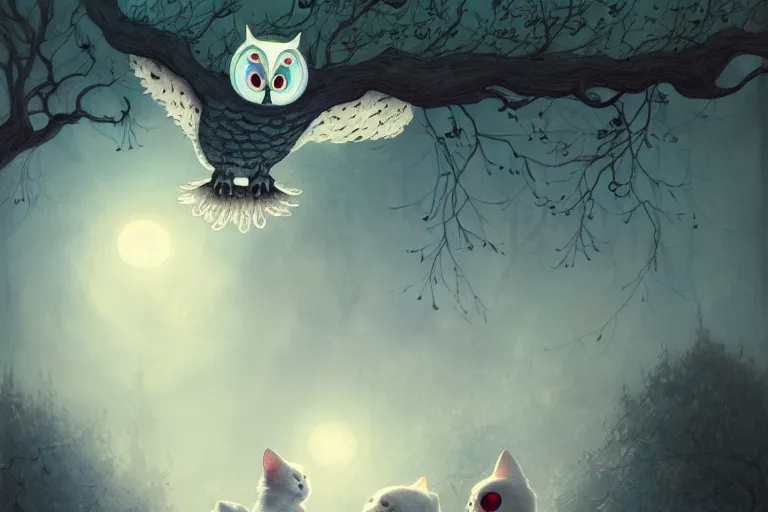 Image similar to casper the friendly ghost flying over a graveyard at midnight, chasing a cat, an interesting owl in a tree, cinestill, painted by james jean and gaston bussiere, very detailed and cute and cozy and transparent, backlight, fog, mist, trending on artstation