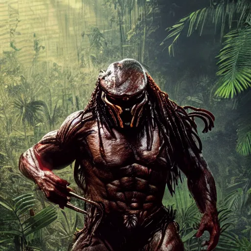 Image similar to rare criterion movie poster of predator, dim volumetric lighting, 8 k, octane beautifully detailed render, extremely hyper detailed, intricate, epic composition, cinematic lighting, masterpiece, trending on artstation, stunning, hdr, smooth, sharp focus, high resolution, award, winning photo, dslr, 5 0 mm