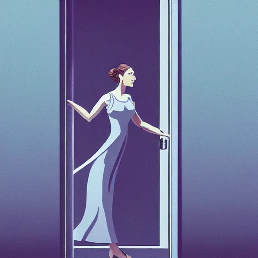 Prompt: a woman walking towards a door that leads to the sky, art by peter lloyd, intricate, elegant, sharp focus, illustration, highly detailed, matte, sharp focus, illustration, art by peter palombi, art poster w 8 3 2