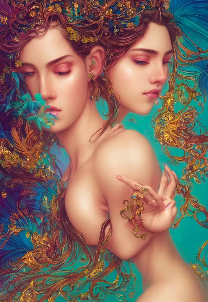 Image similar to beautiful, young woman, detailed gorgeous face, vaporwave aesthetic, synthwave, colorful, psychedelic, water droplets, feathers, crown, artstation, concept art, smooth, extremely sharp detail, finely tuned detail, ultra high definition, 8 k, unreal engine 5, ultra sharp focus, illustration, art by artgerm and greg rutkowski and alphonse mucha