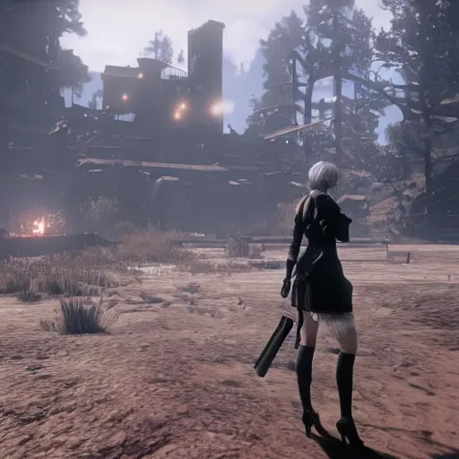 Prompt: Film still of Nier Automata, from Red Dead Redemption 2 (2018 video game)
