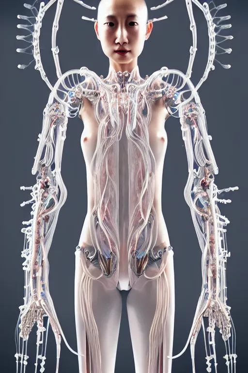 Image similar to beautiful young asian woman, iris van herpen, perfect symmetrical body, full body shot, inflateble shapes, wires, tubes, veins, jellyfish, white biomechanical details, wearing epic bionic cyborg implants, masterpiece, intricate, biopunk, vogue, highly detailed, artstation, concept art, cyberpunk, octane render