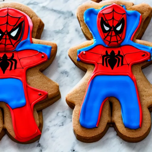 Image similar to spiderman gingerbread cookie detailed tasty frosting red white blue