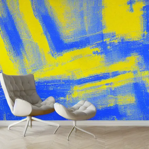 Image similar to interior of a living room, modern minimal design, abstract painting as wallpaper pattern, blue, yellow, photorealist, 4 k