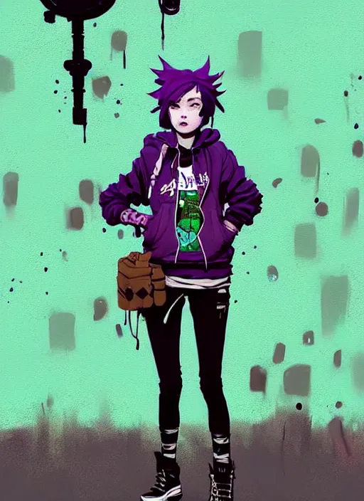 Image similar to highly detailed portrait of a sewer punk lady student, blue eyes, tartan hoody, purple hair by atey ghailan, by greg rutkowski, by greg tocchini, by james gilleard, by joe fenton, by kaethe butcher, gradient green, black, brown and magenta color scheme, grunge aesthetic!!! ( ( graffiti tag wall background ) )