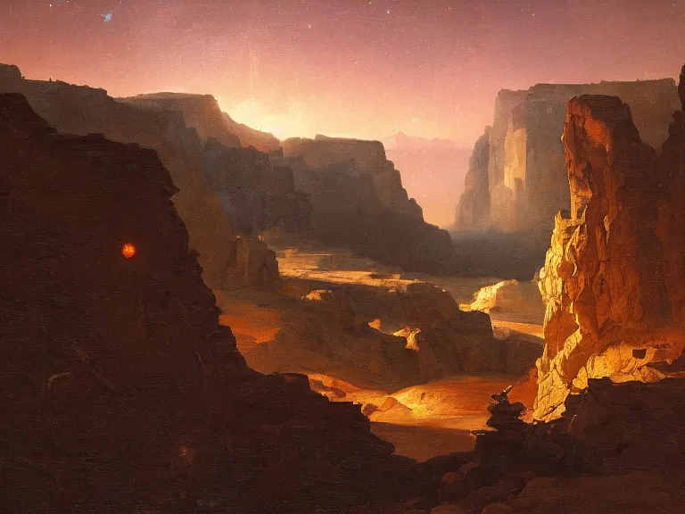 Prompt: an oil painting of a canyon on an alien planet with a distant outpost at dusk with aurora lighting up the sky by carl spitzweg and tuomas korpi. baroque elements, full-length view. baroque element. intricate artwork by caravaggio. Trending on artstation. 8k