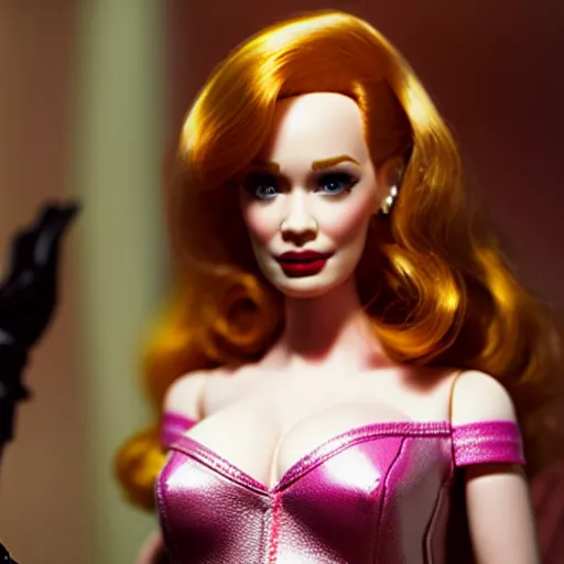 Image similar to amazing beautiful Christina Hendricks barbie doll wearing leather in the living room, film still from the movie directed by Denis Villeneuve , wide lens