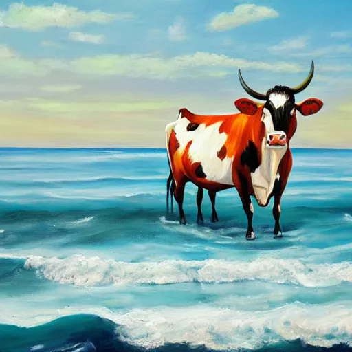 Image similar to a painting of a cow in the ocean, art