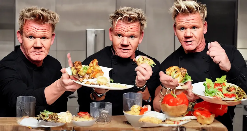 Prompt: gordon ramsay and gordon ramsay showing the camera a dish that each of them prepared