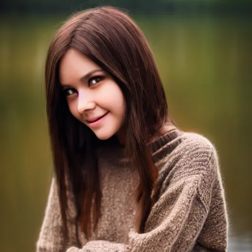 Image similar to real life photo of a beautiful girl, full body photoshoot, long black hair, brown eyes, full round face, short smile, brown sweater, lake setting, cinematic lightning, medium shot, mid - shot, highly detailed, trending on artstation, unreal engine 4 k, 8 0 mm, 8 5 mm, cinematic wallpaper