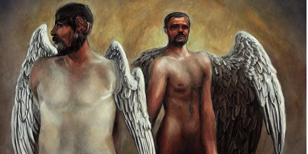 Image similar to a boxer with angel wings, a halo and a mustache by joshua raphael