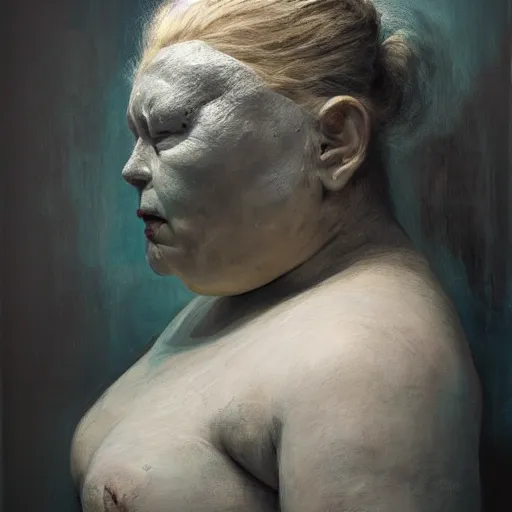 Prompt: portrait of big sumoringer as despair from sandman in a white void with empty frames all around her, venus of willendorf, by jeremy mann, by gregory crewdson, sad face, black hair, white room, soft lightning, high detailed, 8 k