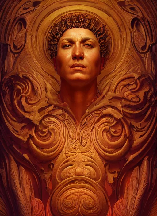 Prompt: roman emperor, wooden art nouveau swirls, subsurface scattering, in the style of james jean and tomasz alen kopera and alex konstad, mystical colors, rim light, beautiful lighting, 8 k, stunning scene, raytracing, octane render, trending on artstation