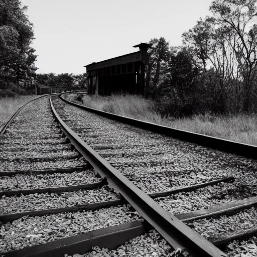 Prompt: fine art photography of a abandoned old train station in the middle of nowhere, overgrown, it train tracks curve up toward the sky, black and white photography 3 5 mm
