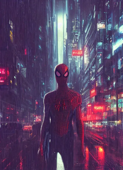 Image similar to cyberpunk spiderman, rule of thirds, russia, moscow, rain, lights, close - up, high quality, ultrarealistic, sculls, neon glow, 3 d, 8 k, ultra high detailed, by giger, trending on artstation, spotlight, by greg rutkowski, by da vinci, by van gogh, by jeremy mann, digital painting