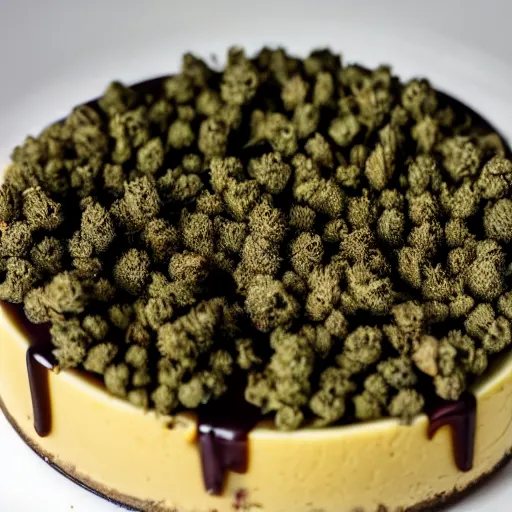 Image similar to close view of a delicious sweet and perfect marijuana bud cheesecake piece, award winning, 4 k, beautiful