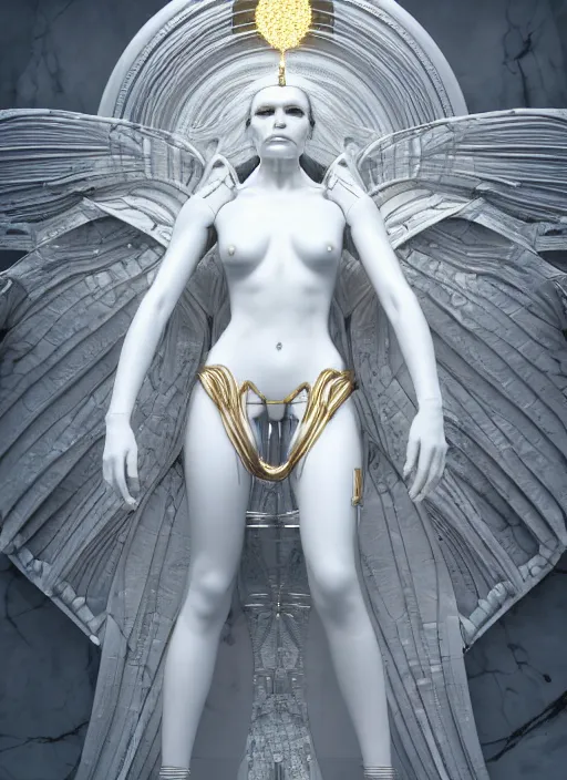 Image similar to a statue made of white marble with gold veins, of an beautiful gorgeous futuristic cybernetic angel girl, prostheses, transhumanism, full body shot, perfect symmetrical body, perfect symmetrical face, hyper realistic, hyper detailed, by johannen voss, by peter kemp, by monia merlo, by michelangelo, octane render, blender, 8 k