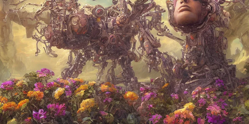 Image similar to artgem, Tyler Edlin and Jean Delville, wide angle robot head with flowers growing out, highly detailed, masterpiece