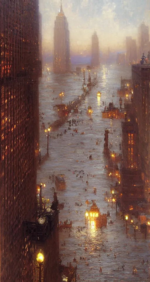 Image similar to the sea flooding the entire city of modern new york. you can see the water entering buildings highly detailed painting by gaston bussiere, craig mullins, j. c. leyendecker