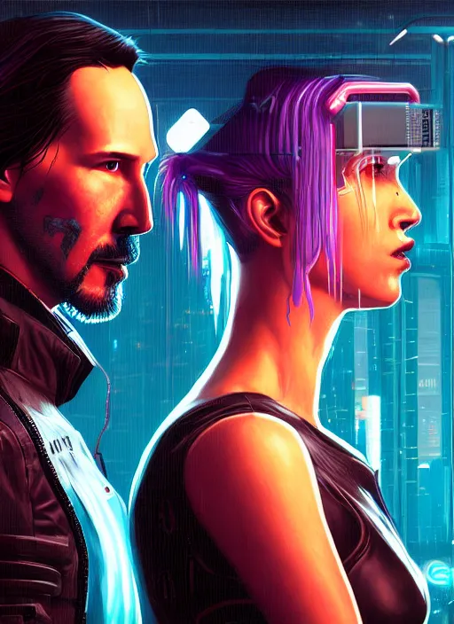 Image similar to a cyberpunk 2077 couple portrait of Keanu Reeves&female android in kiss,love,film lighting,by Laurie Greasley,Lawrence Alma-Tadema,Dan Mumford,artstation,deviantart,FAN ART,full of color,Digital painting,face enhance,highly detailed,8K,octane,golden ratio,cinematic lighting