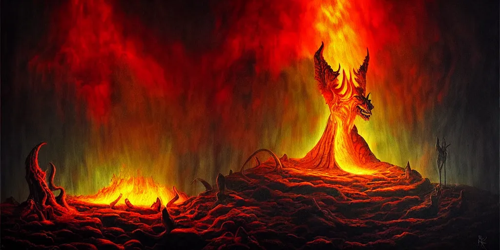 Image similar to mythical creatures and monsters at the mouth of hell, dramatic lighting glow from giant fire, in a dark surreal painting by ronny khalil