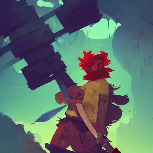 Image similar to grungy redhead 3 0 - something bearded swordsman, by anton fadeev and simon stalenhag, trending on art station