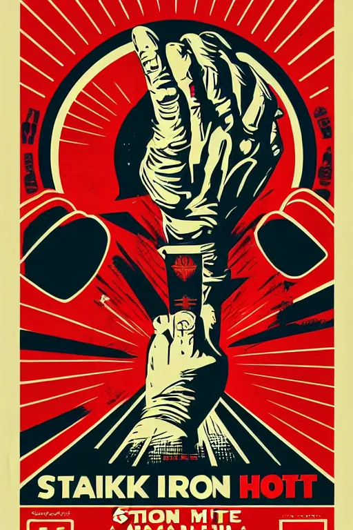 Image similar to strike while the iron is hot propaganda screen printing poster, art style wwii posters, shepard fairey, obey, street art, iconic, masterpiece, ornate and hyper detailed