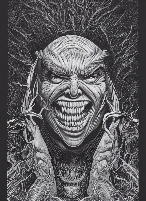 Image similar to donald trump's grotesque true form revealed, horror, high details, intricate details, by vincent di fate, artgerm julie bell beeple, 1980s, inking, vintage 80s print, screen print