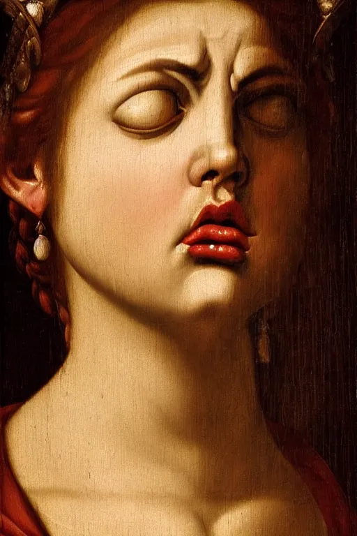 Image similar to renaissance painting of woman, angry face, emotions closeup, angry lips, angry eyes, dressed in roman clothes, ultra detailed, made in bronze, art by Guido Reni style