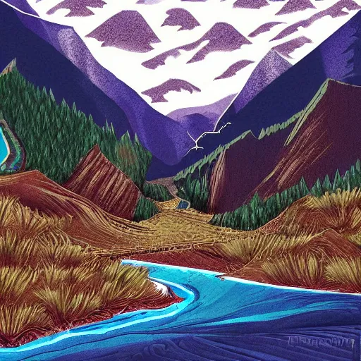 Image similar to a beautiful landscape, rivers and mountains, illustration, digital art by laura price