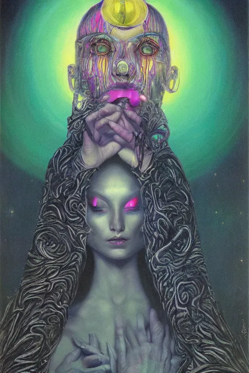 Image similar to gorgeous robed cult girl performing realism third eye ritual, dark theme night time, expanding electric energy waves into the ethereal realm, epic surrealism 8k oil painting, portrait, perspective, high definition, post modernist layering, by Ernst Fuchs, Gerald Brom