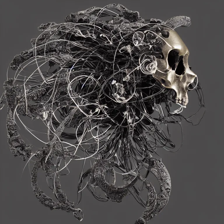 Image similar to black background. absolutely symmetrical sculpture. centered. goddess princess face close-up portrait ram skull. sculpture made of gold and black charcoal. jellyfish phoenix head, nautilus, orchid, skull, betta fish, bioluminiscent creatures, intricate artwork by Tooth Wu and wlop and beeple. octane render, trending on artstation, greg rutkowski very coherent symmetrical artwork. cinematic, hyper realism, high detail, octane render, 8k