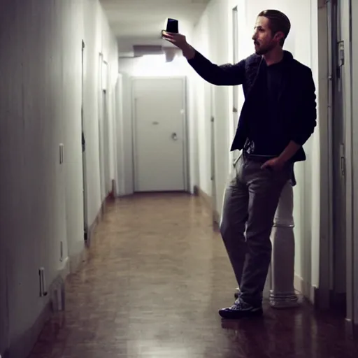 Image similar to !dream Ryan gosling taking a selfie in the backrooms hallway, liminal spaces hallway, realistic selfie photo selfie